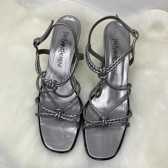 Yves Saint Laurent Braided Leather Silver Chunky Heel Open Toe Sandal 9.5N - Picture 9 of 9